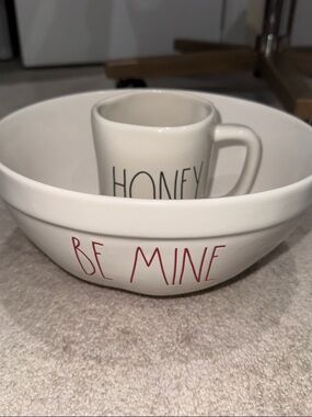White Ceramic "Be Mine" Bowl and "Honey" Mug Set